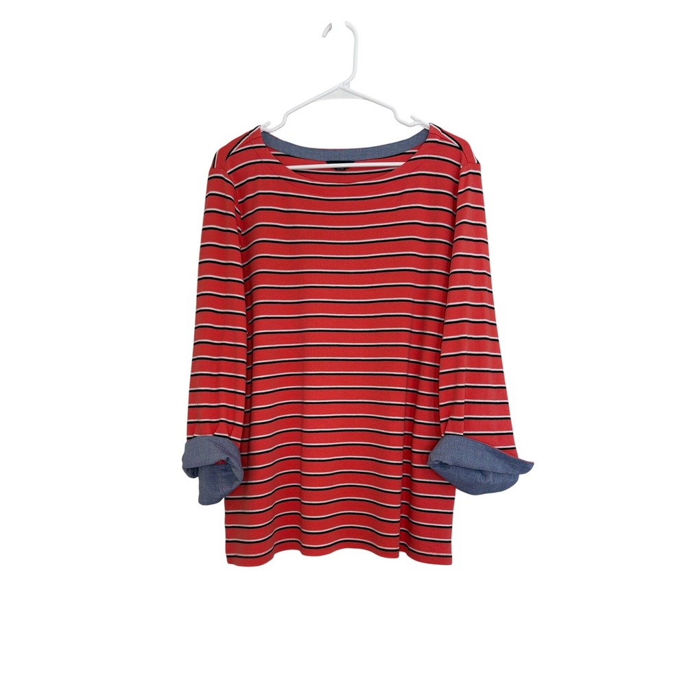 Nautica Women XXL Coral Striped Long Sleeve Boat Neck Top Chambray Cuffs 1127283